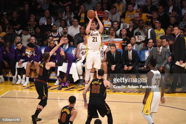 Travis Wear of the Los Angeles Lakers shoots the ball against the Cleveland Cavaliers on March 11, 2018 at STAPLES Center in Los Angeles, California....