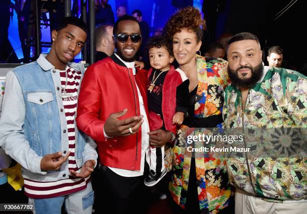 Christian Combs, Sean Combs, Asahd Tuck Khaled, Nicole Tuck, and co-host DJ Khaled attend the 2018 iHeartRadio Music Awards which broadcasted live on...