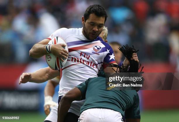 Chris Mattina of the United States grabs the hair of Branco du Preez of South Africa during the bronze medal game at Canada Sevens, the Sixth round...