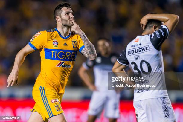 Andre-Pierre Gignac of Tigres celebrates after scoring his team's first goal during the 11th round match between Tigres UANL and Tijuana as part of...