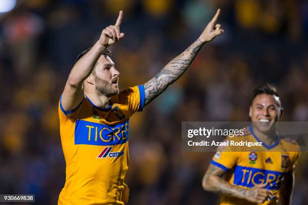 Andre-Pierre Gignac of Tigres celebrates after scoring his team's first goal during the 11th round match between Tigres UANL and Tijuana as part of...