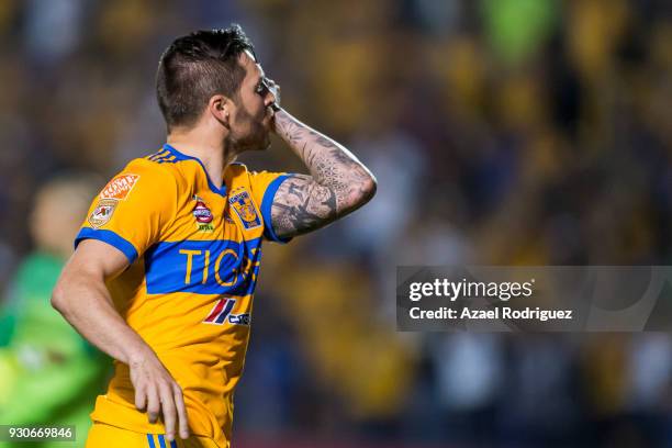 Andre-Pierre Gignac of Tigres celebrates after scoring his team's first goal during the 11th round match between Tigres UANL and Tijuana as part of...