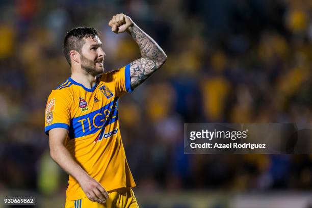 Andre-Pierre Gignac of Tigres celebrates after scoring his team's first goal during the 11th round match between Tigres UANL and Tijuana as part of...