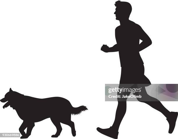 man jogging with dog silhouette - black and white dog stock illustrations