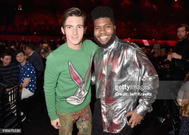 Drake Bell and Khalid attend the 2018 iHeartRadio Music Awards which broadcasted live on TBS, TNT, and truTV at The Forum on March 11, 2018 in...