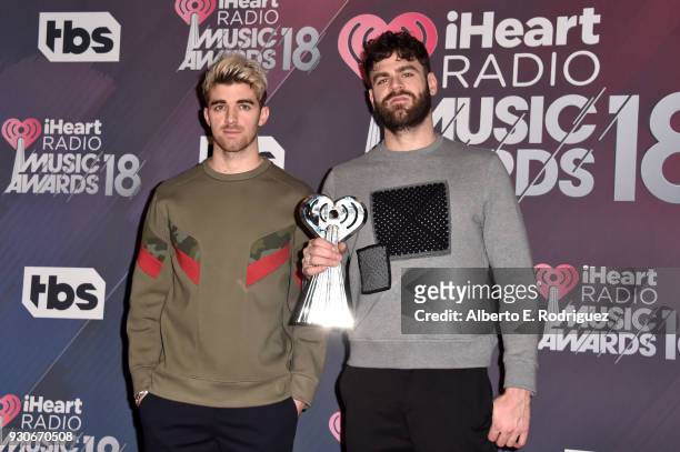 Andrew Taggart and Alex Pall of The Chainsmokers, winners of the awards for Best Collaboration for 'Something Just Like This;' Dance Artist of the...