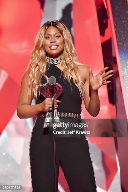 Laverne Cox speaks onstage during the 2018 iHeartRadio Music Awards which broadcasted live on TBS, TNT, and truTV at The Forum on March 11, 2018 in...
