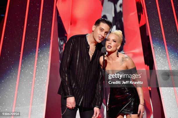 Eazy and Halsey speak onstage during the 2018 iHeartRadio Music Awards which broadcasted live on TBS, TNT, and truTV at The Forum on March 11, 2018...