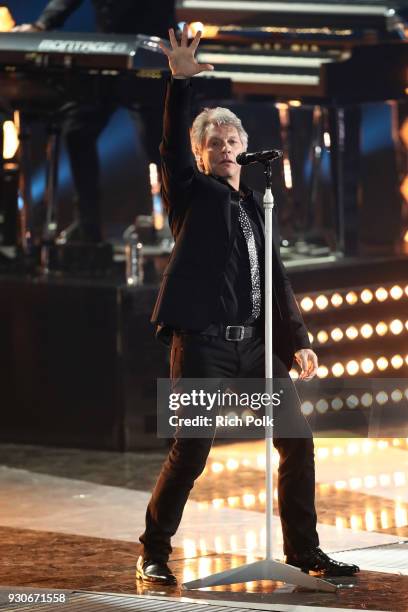 Jon Bon Jovi performs onstage during the 2018 iHeartRadio Music Awards which broadcasted live on TBS, TNT, and truTV at The Forum on March 11, 2018...