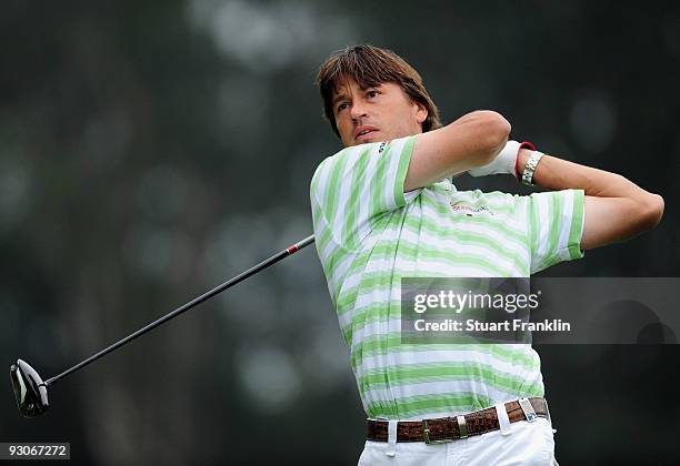 Robert Jan Derksen of The Netherlands plays his tee shot on the 14th hole during the final round of the UBS Hong Kong Open at the Hong Kong Golf Club...