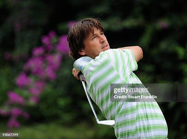 Robert Jan Derksen of The Netherlands plays his tee shot on the sixth hole during the final round of the UBS Hong Kong Open at the Hong Kong Golf...