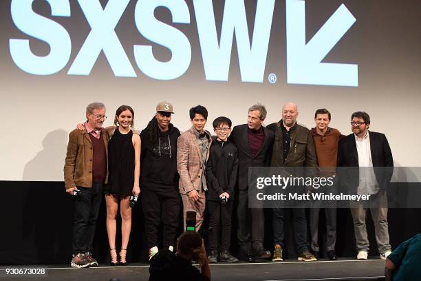 Steven Spielberg, Olivia Cook, Lena Waithe Win Morisaki, Philip Zhao, Ben Mendelsohn, Zak Penn, Tye Sheridan, and Ernest Cline attend "Ready Player...