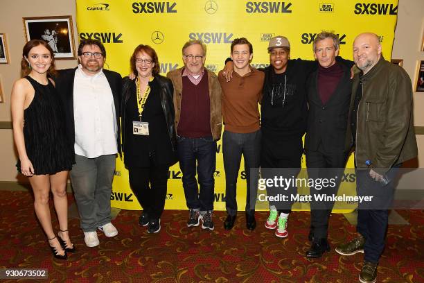 Olivia Cook, Ernest Cline, SXSW Film Festival Director Janet Pierson, Steven Spielberg, Tye Sheridan, Lena Waithe, Ben Mendelsohn and Zak Penn attend...