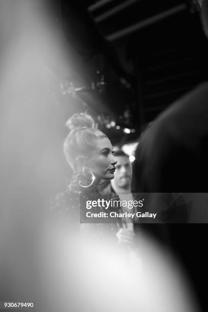 Hailey Baldwin attends the 2018 iHeartRadio Music Awards which broadcasted live on TBS, TNT, and truTV at The Forum on March 11, 2018 in Inglewood,...