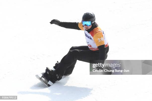 Matti Suur Hamari of Finland competes in the Men's Snowboard Cross at the Jeongseon Alpine Centre during day three of the PyeongChang 2018 Paralympic...