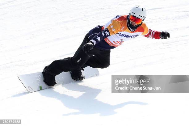 Evan Strong of United States competes in the Men's Snowboard Cross at the Jeongseon Alpine Centre during day three of the PyeongChang 2018 Paralympic...