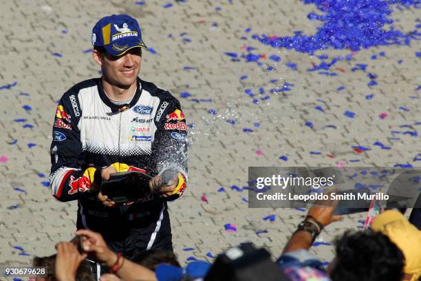 Sebastien Ogier from France, celebrates the first position during the FIA World Rally Championship Mexico 2018 on March 11, 2018 in Leon, Mexico.