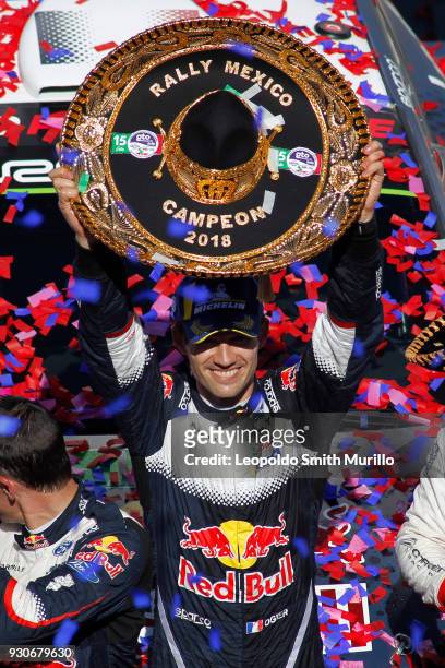 Sebastien Ogier from France, celebrates the first position during the FIA World Rally Championship Mexico 2018 on March 11, 2018 in Leon, Mexico.