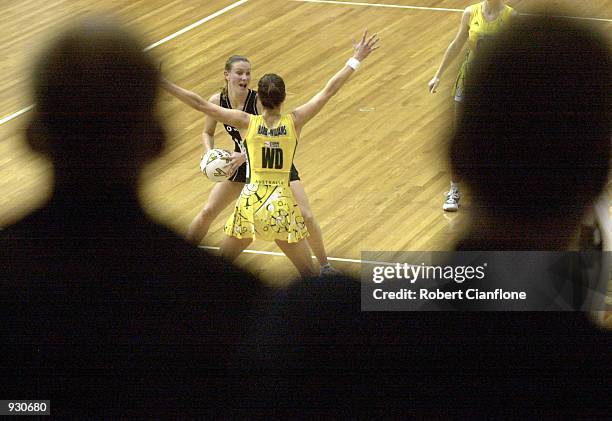 General view of the action, during the match between Australia and the New Zealand Silver Ferns, played at the State Netball Hockey Centre in...