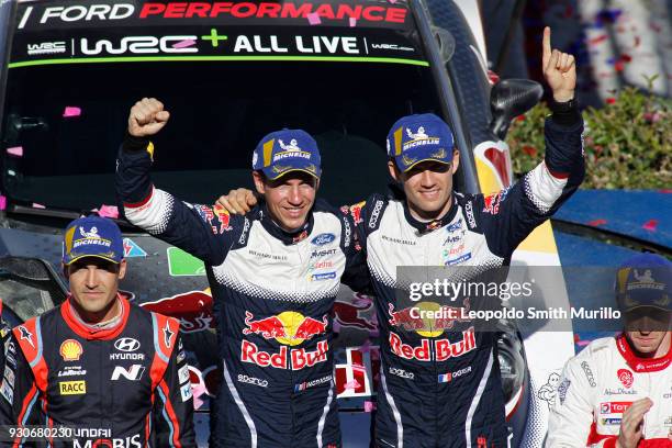 Julien Ingrassia and Sebastien Ogier of France celebrate the first position during the FIA World Rally Championship Mexico 2018 on March 11, 2018 in...