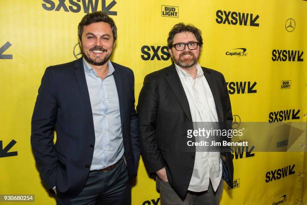 Producer Dan Farah and author Ernest Cline walk the red carpet at the world premiere of "Ready Player One" during the SXSW Film Festival on March 11,...