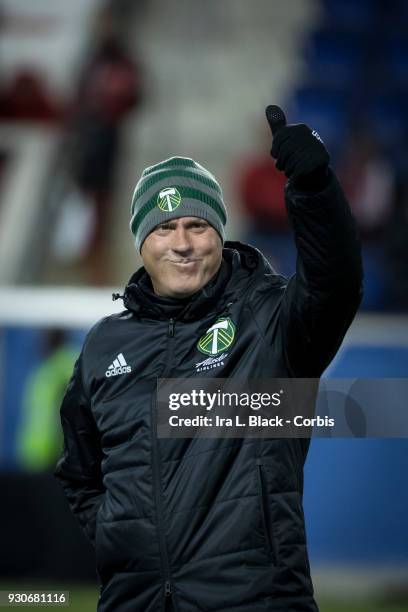 Giovanni Savarese Head Coach of the Portland Timbers gives a thumbs during warm ups prior to the MLS match between New York Red Bulls and Portland...