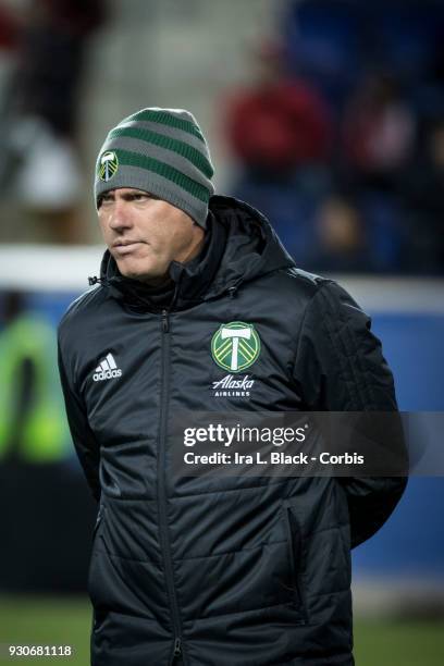 Giovanni Savarese Head Coach of the Portland Timbers watches his team during warm ups prior to the MLS match between New York Red Bulls and Portland...