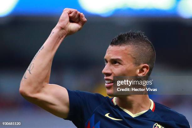 Matheus Uribe of America celebrates after scoring the first goal of his team during the 11th round match between America and Leon as part of the...