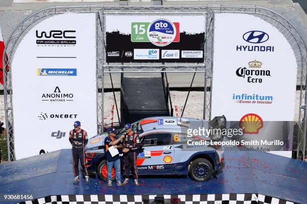 Dani Sordo and Carlos del Barrio of Spain, celebrate the second position, during the FIA World Rally Championship Mexico 2018 on March 11, 2018 in...