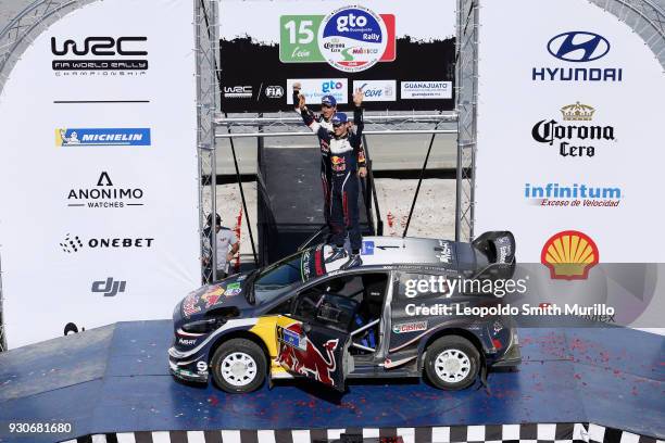 Julien Ingrassia and Sebastien Ogier of France celebrate the first position during the FIA World Rally Championship Mexico 2018 on March 11, 2018 in...