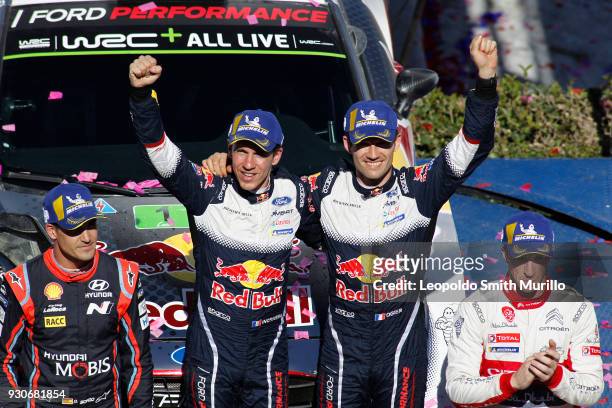 Julien Ingrassia and Sebastien Ogier of France celebrate the first position during the FIA World Rally Championship Mexico 2018 on March 11, 2018 in...