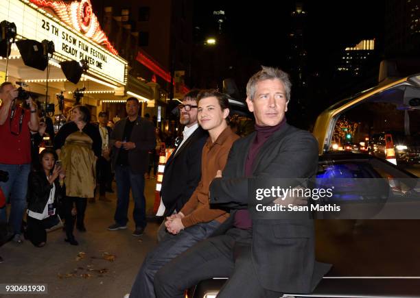 Ernest Cline, Tye Sheridan and Ben Mendelsohn attend the premiere of "Ready Player One" during SXSW at Paramount Theatre on March 11, 2018 in Austin,...