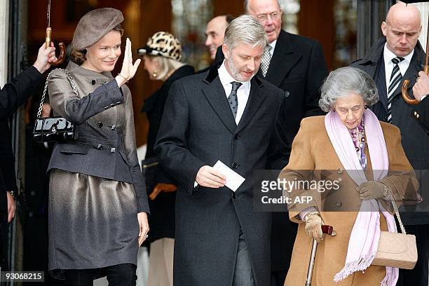 Belgian Crown Prince Philippe , his wife Princess Mathilde and Queen Fabiola of Belgium leave after a Te Deum mass, marking the King's feast, at the...