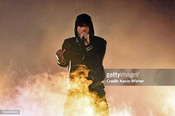 Eminem performs onstage during the 2018 iHeartRadio Music Awards which broadcasted live on TBS, TNT, and truTV at The Forum on March 11, 2018 in...