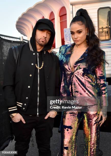 Eminem and Kehlani during the 2018 iHeartRadio Music Awards which broadcasted live on TBS, TNT, and truTV at The Forum on March 11, 2018 in...