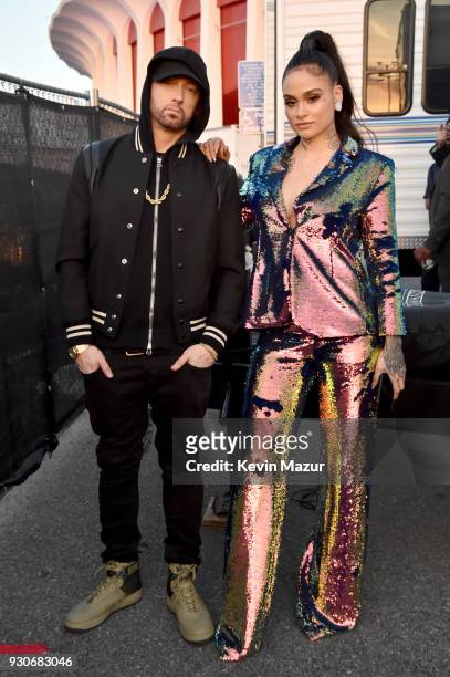 Eminem and Kehlani during the 2018 iHeartRadio Music Awards which broadcasted live on TBS, TNT, and truTV at The Forum on March 11, 2018 in...