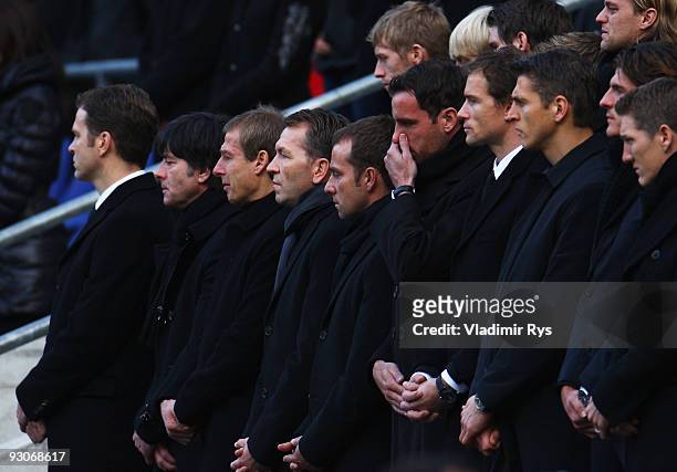 Real Madrid football player Christoph Metzelder fights with tears during Robert Enke's memorial service prior to Enke's funeral at AWD Arena on...