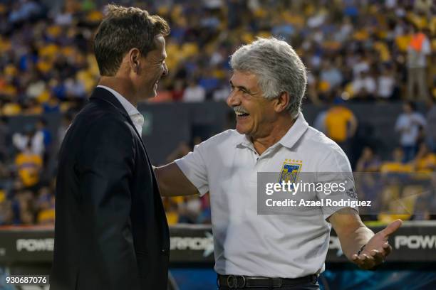 Ricardo Ferretti, coach of Tigres shake hands with Diego Cocca, coach of Tijuana prior the 11th round match between Tigres UANL and Tijuana as part...