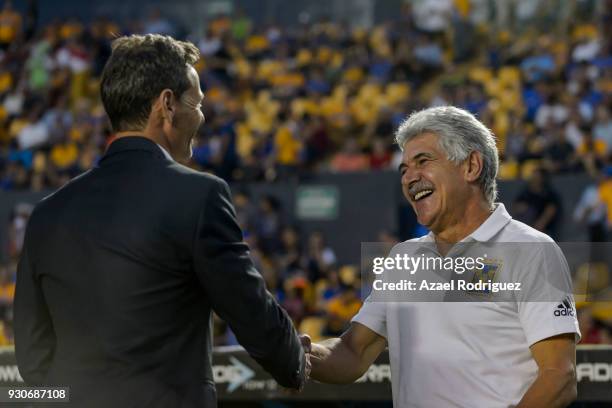 Ricardo Ferretti, coach of Tigres shake hands with Diego Cocca, coach of Tijuana prior the 11th round match between Tigres UANL and Tijuana as part...