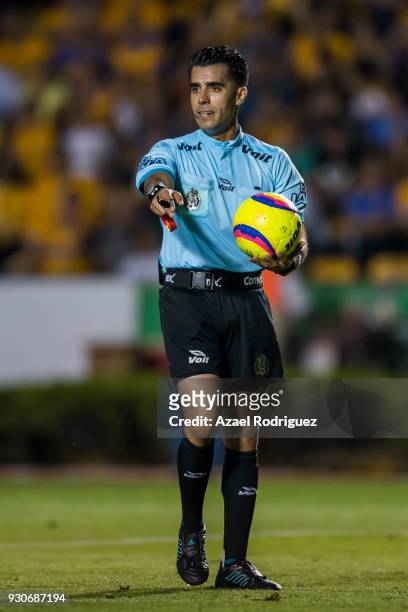 Referee Adonai Escobedo in action during the 11th round match between Tigres UANL and Tijuana as part of the Torneo Clausura 2018 Liga MX at...