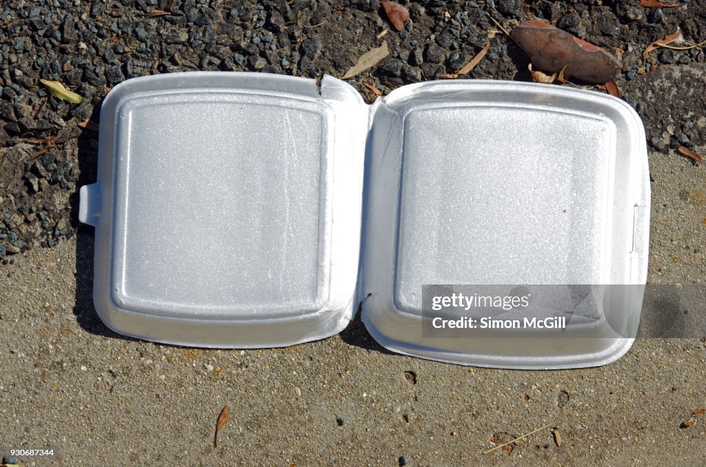 Polystyrene takeout burger container littering a road gutter