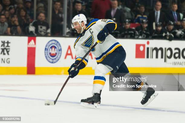 St. Louis Blues defenseman Alex Pietrangelo during the NHL regular season game against the Los Angeles Kings on March 10 at Staples Center in Los...