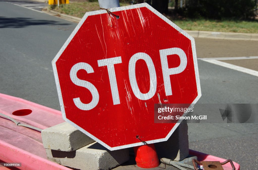 Block Stoping Stop Sign On A Plastic Road Block Barrier High-Res Stock Photo - Getty ...