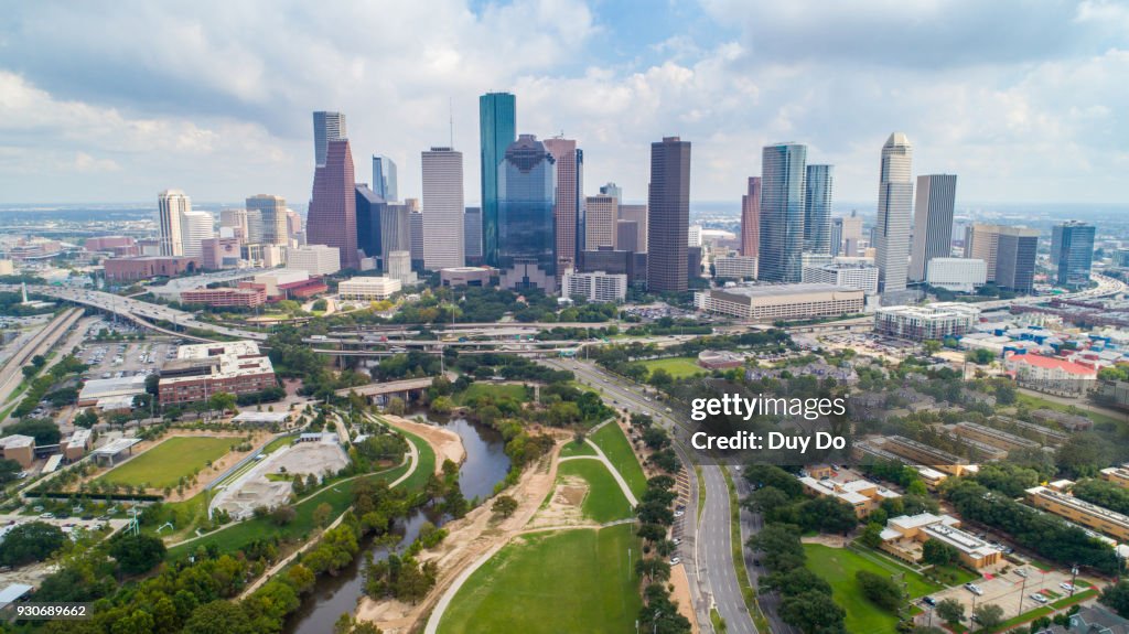 Aerial view taking by drone of downtown Houston, Texas