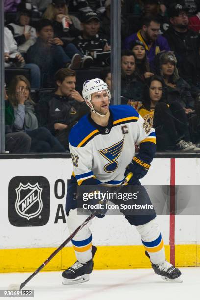 St. Louis Blues defenseman Alex Pietrangelo during the NHL regular season game against the Los Angeles Kings on March 10 at Staples Center in Los...