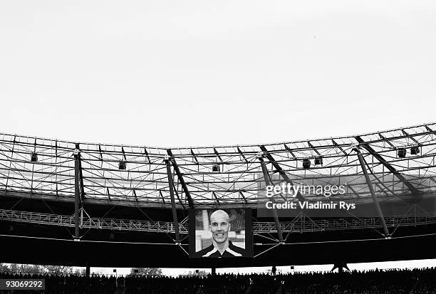 Enke's portrait is pictured on a screen board during Robert Enke's memorial service prior to Enke�s funeral at AWD Arena on November 15, 2009 in...