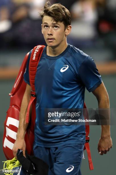 Alex De Minaur of Australia leaves the court after losing to Juan Martin Del Potro of Argentina during the BNP Paribas Open at the Indian Wells...