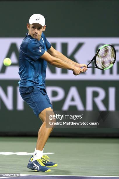 Alex De Minaur of Australia plays Juan Martin Del Potro of Argentina during the BNP Paribas Open at the Indian Wells Tennis Garden on March 11, 2018...