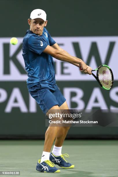 Alex De Minaur of Australia plays Juan Martin Del Potro of Argentina during the BNP Paribas Open at the Indian Wells Tennis Garden on March 11, 2018...