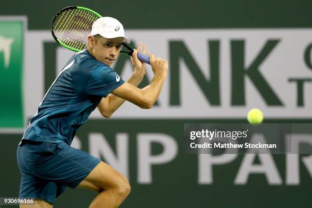 Alex De Minaur of Australia plays Juan Martin Del Potro of Argentina during the BNP Paribas Open at the Indian Wells Tennis Garden on March 11, 2018...